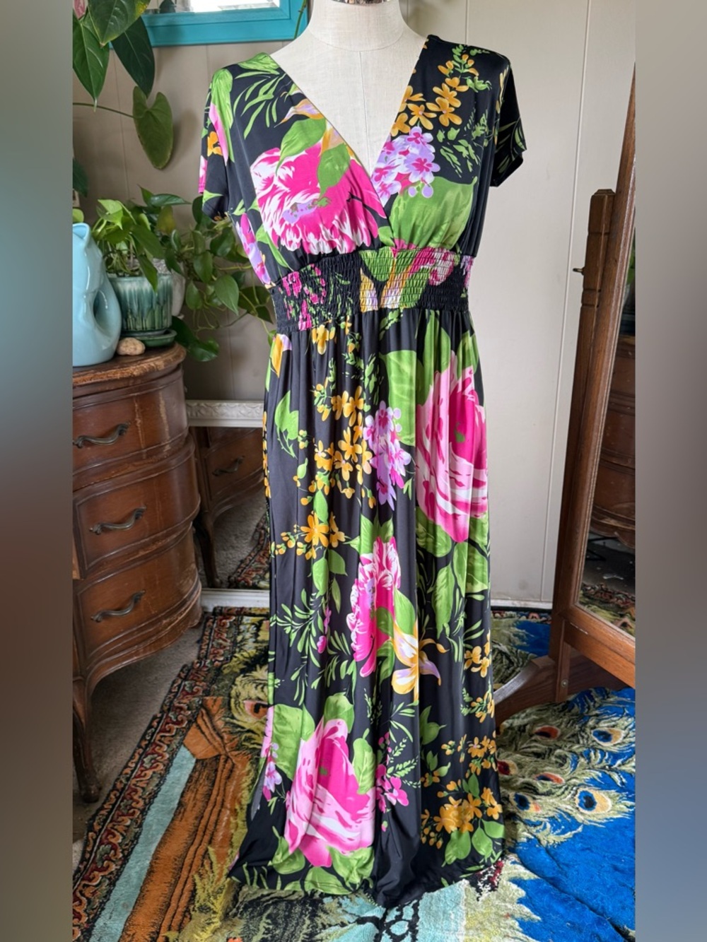 Studio West Black Maxi Dress with Pink and Green Floral Print, size M